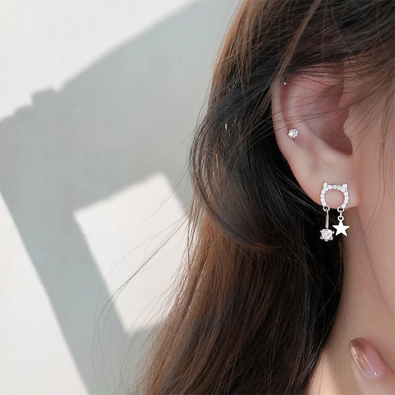 萌宠猫咪耳钉小香风锆星星耳坠小动物耳饰品气质时尚