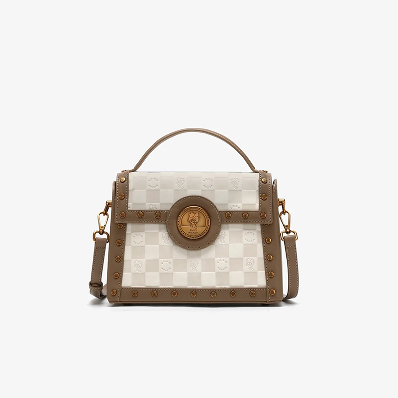 2024夏季上新时尚拼色棋盘格压花斜挎包K-3108棕配米白