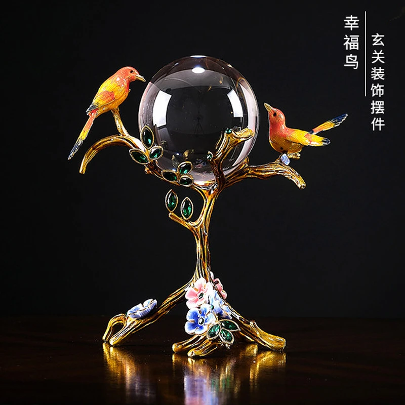 黎采《喜上枝头》水晶球摆件珐琅彩新中式摆件书房客厅酒柜博古架