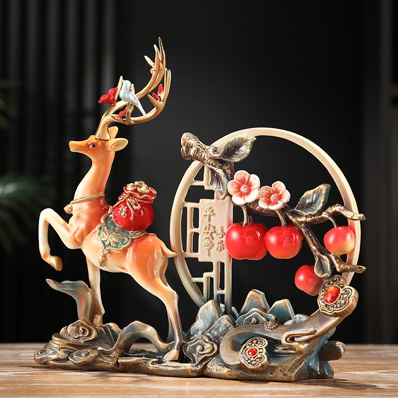 黎采《平安喜乐》新中式鹿柿柿如意家用高档客厅玄关装饰品摆件（YY）