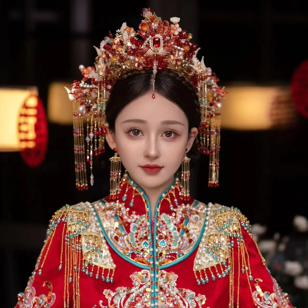 新娘中式婚礼古装秀禾大冠凤冠后区头饰红色宫廷高端结婚跟妆发饰