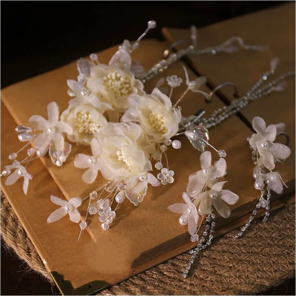 法式仙美奶茶色娟纱花朵水晶流苏对夹头饰新娘结婚纱造型气质配饰