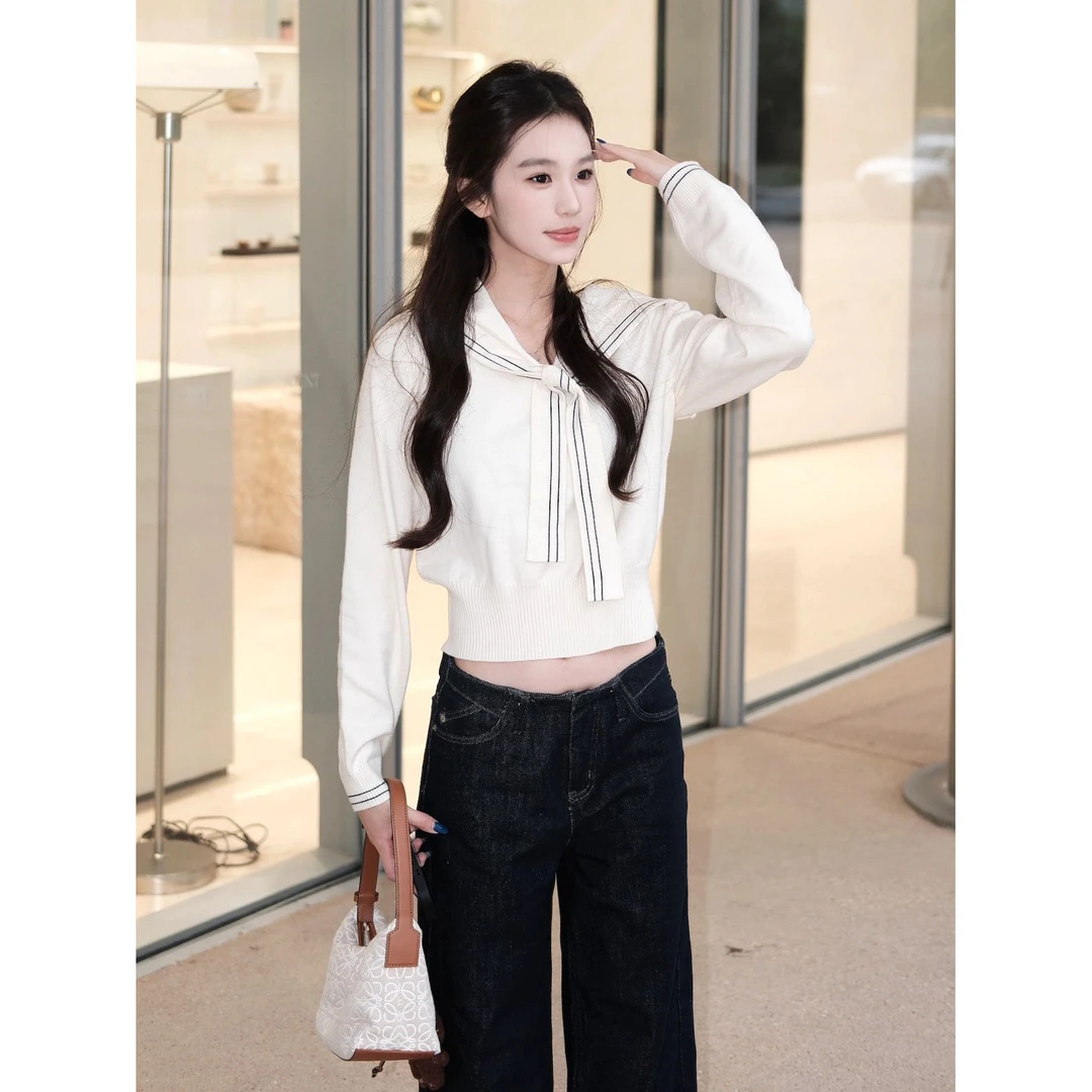 海军领披肩针织衫白色百搭女2024秋冬短款修身上衣洋气