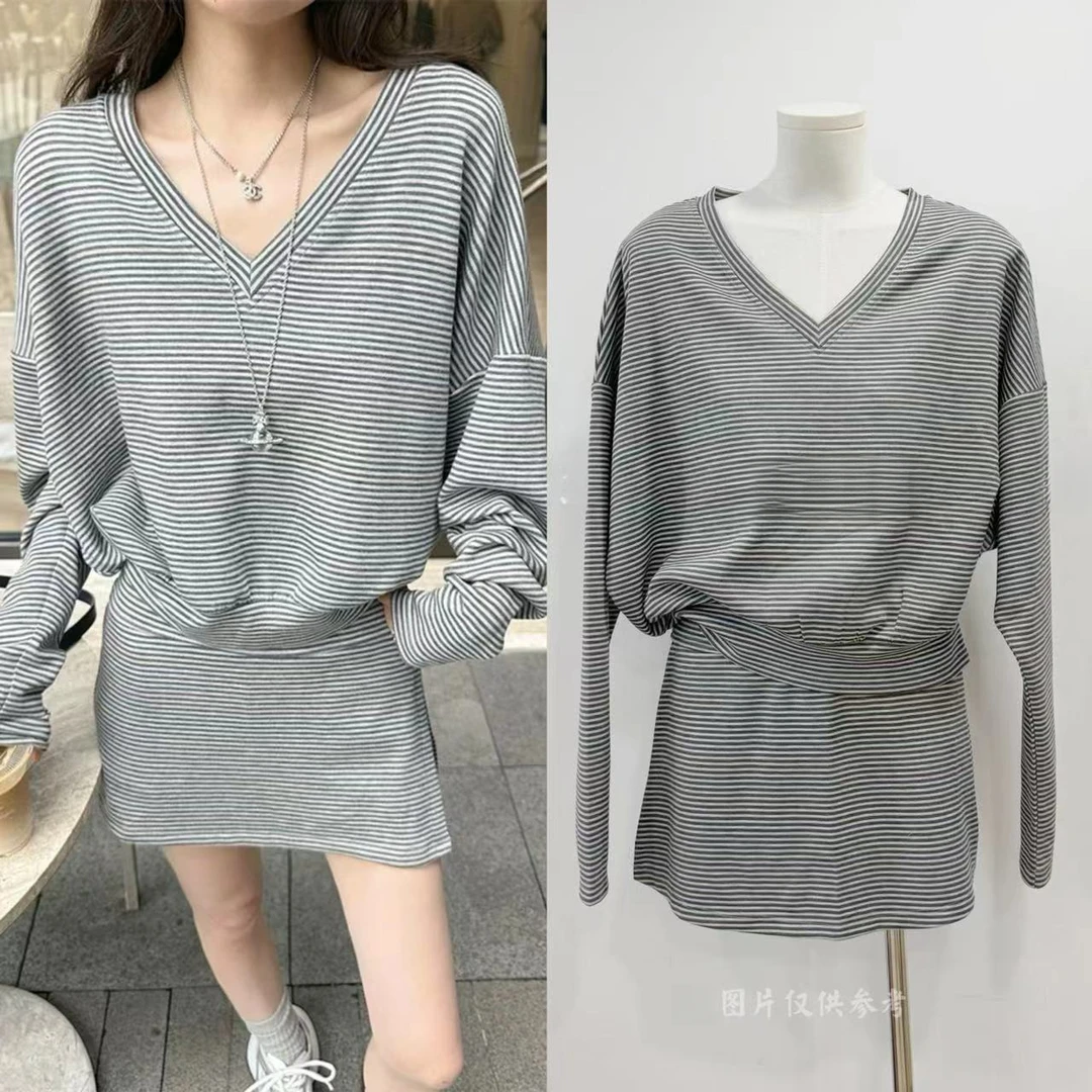 SG / 杨依姗 AW慵懒感V领条纹上衣+裙裤休闲套装慵懒风