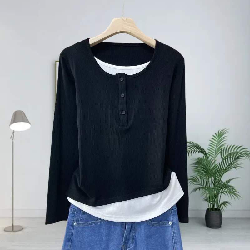 大码245斤长袖t恤女独特新款假两件打底衫百搭春秋季修身显瘦上衣