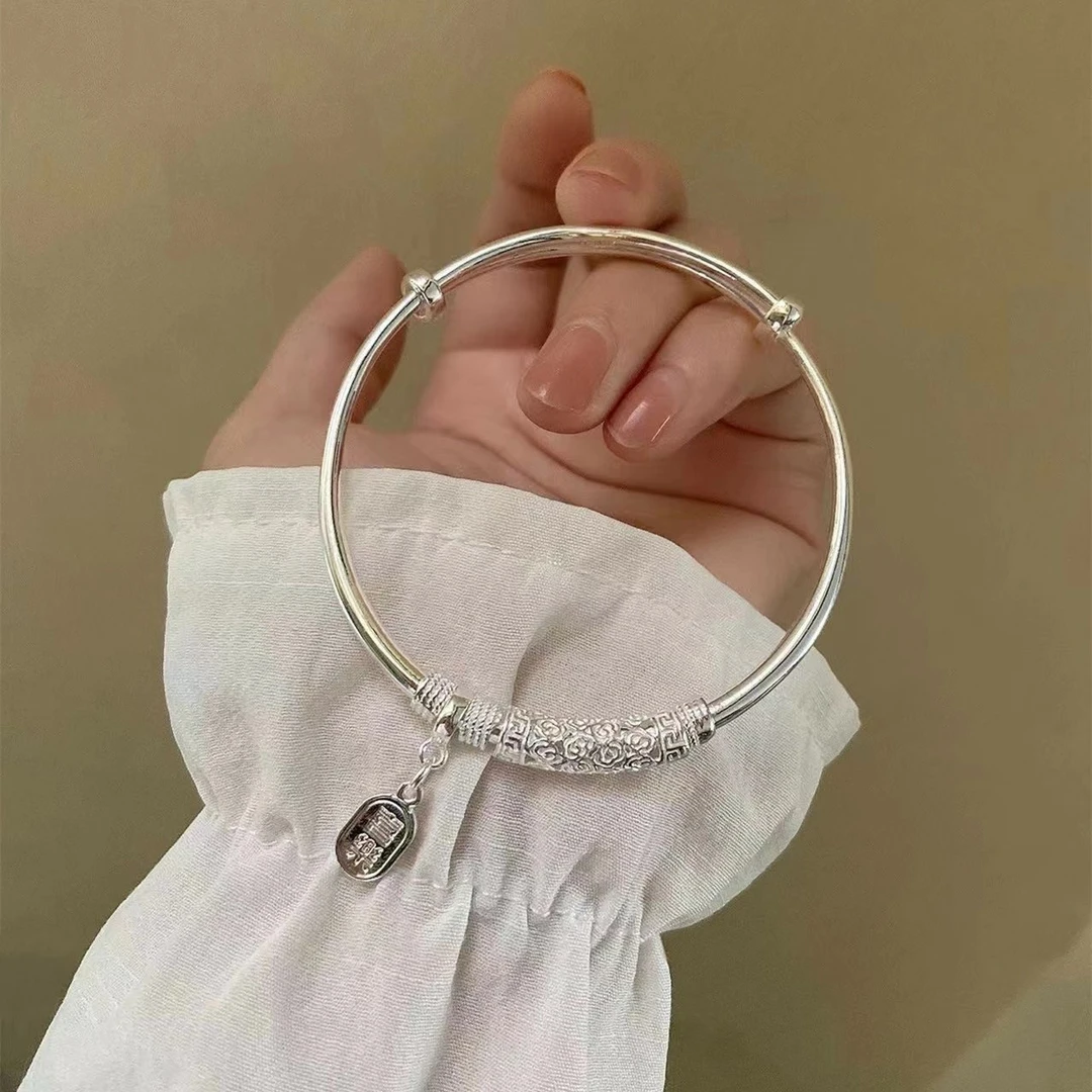 足银手镯 足银999.9祥云推拉银手镯女平安喜乐银手环女友礼物663