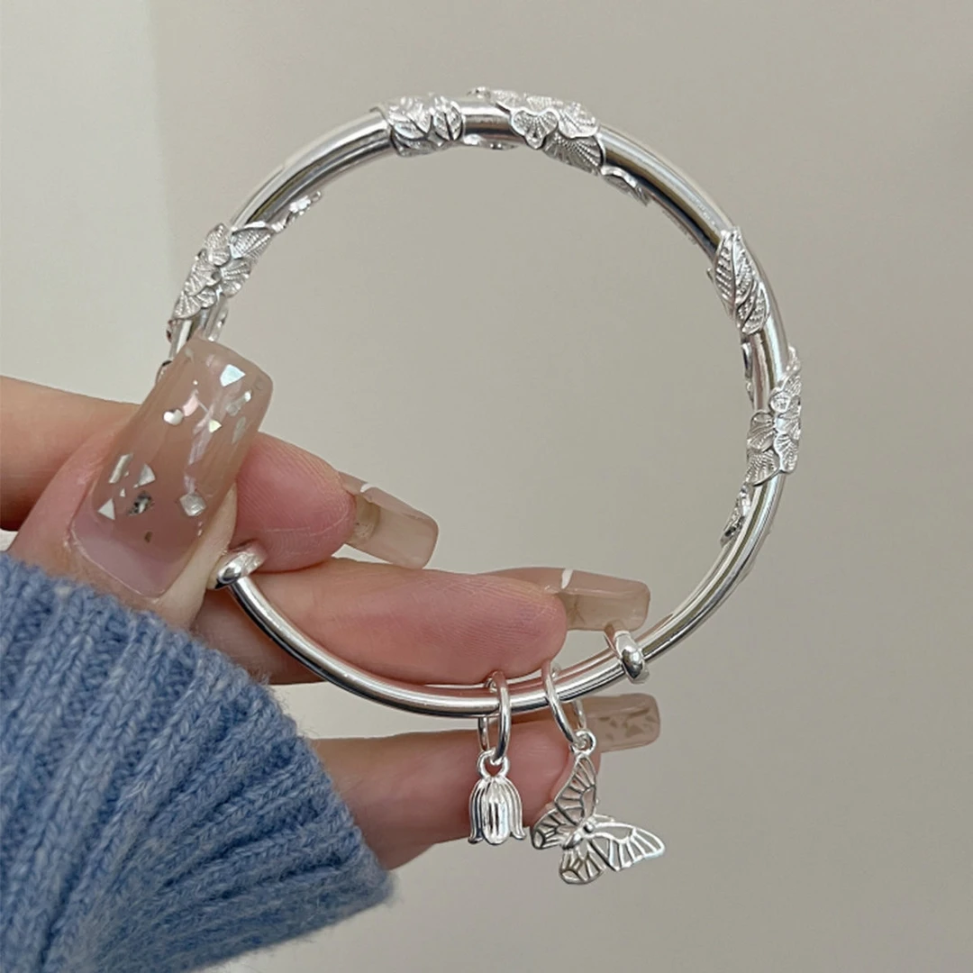 足银手镯 足银999.9纯银女风蝶令繁花似锦兰花银镯子礼物612