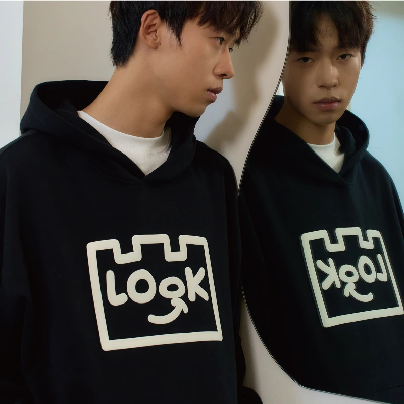 TGWALL「LOOK」发泡印花时尚情侣潮流休闲套头上衣连帽卫衣男女加绒