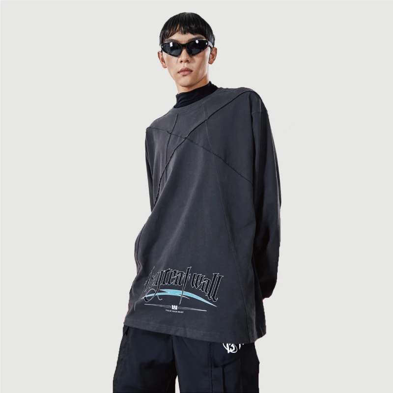 TGWALL结构拼接印花复古高街宽松长袖T恤秋季纯棉打底衫