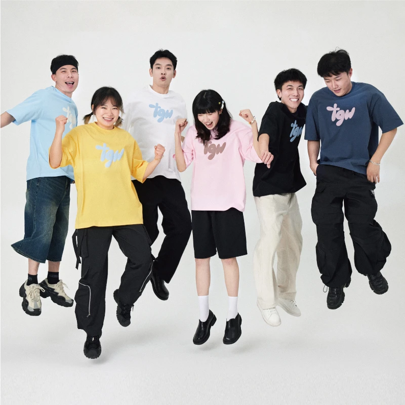 TGWALL「轻松一下」品牌发泡印花宽松圆领多色夏季纯棉T恤