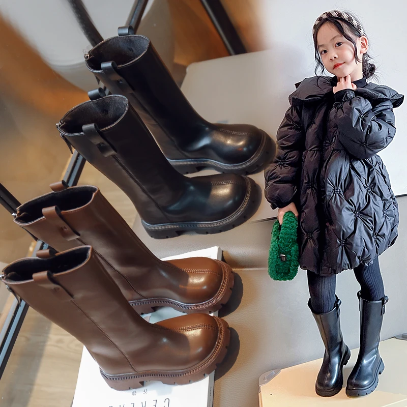 女童鞋子儿童靴子2023新款春秋款秋冬季长靴高筒加绒女孩宝宝洋气