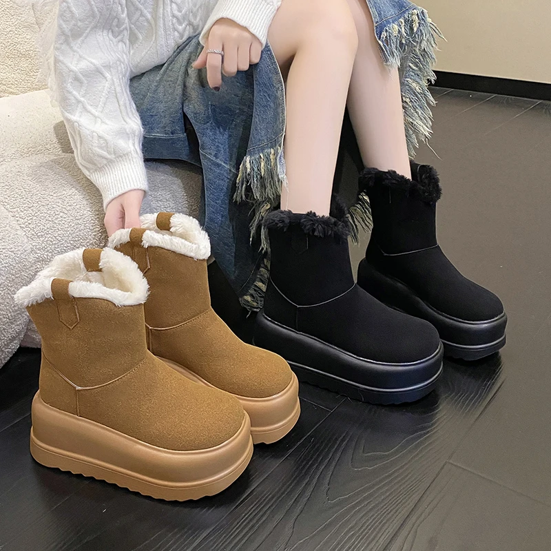 厚底增高8cm雪地靴女2023冬季新款松糕短靴皮毛一体加绒加厚棉鞋