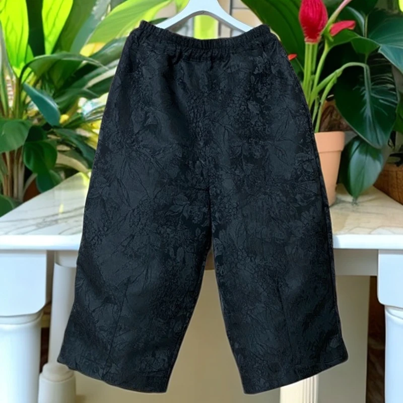 特价高腰提花阔腿花苞设计宽松休闲茧型裤女装