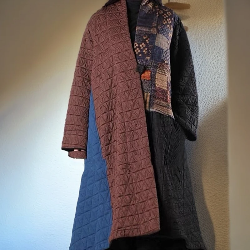 25813-复古棉服女拼接佛系国风棉袍子大衣秋冬