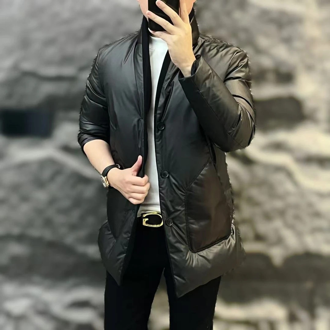 新款高端男士潮流百搭个性休闲简约拼皮羽绒服X-81173