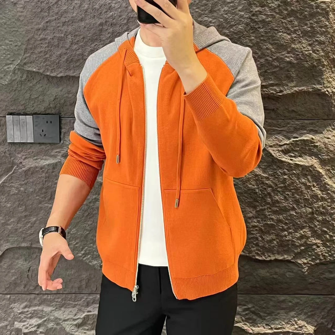 新款高端男士潮流百搭个性拼色休闲连帽针织夹克