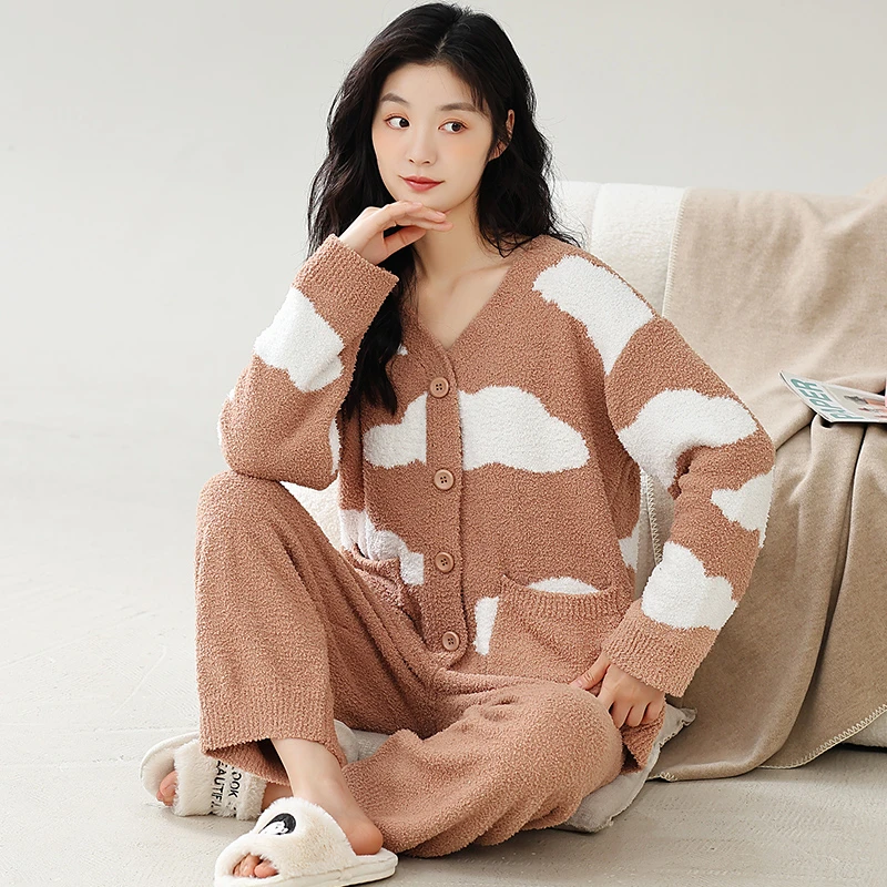 女士半边绒睡衣秋冬加厚加绒保暖家居服套装14856