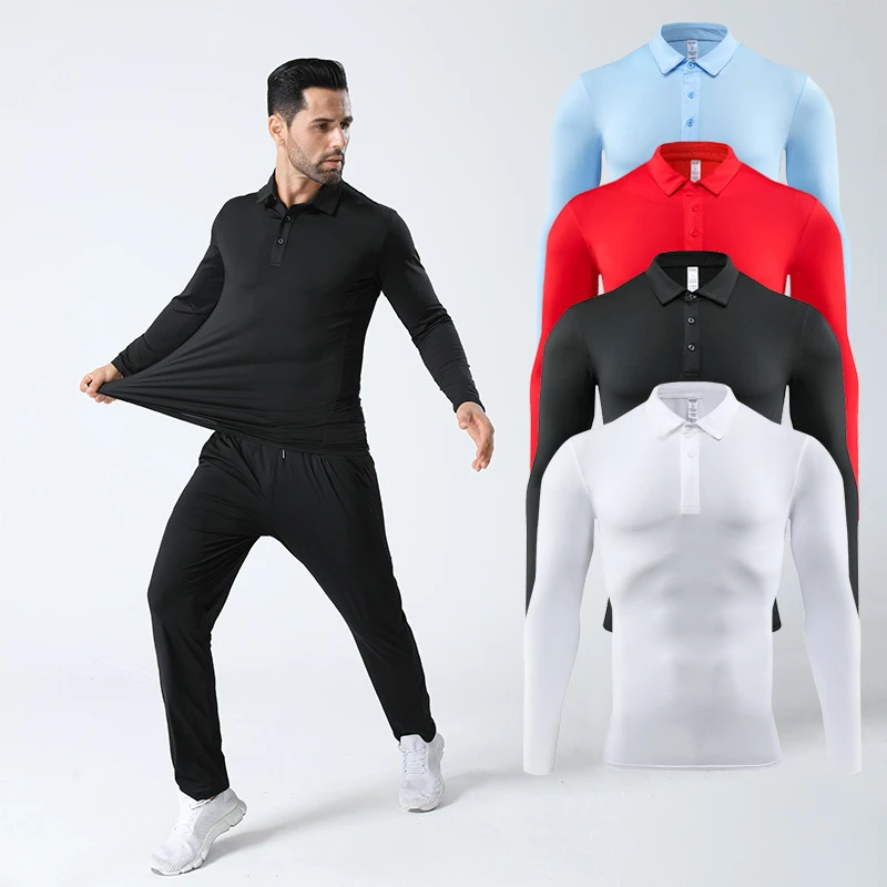 休闲速干长袖健身衣跑步透气弹力男运动上衣纯色立领工作服紧身衣