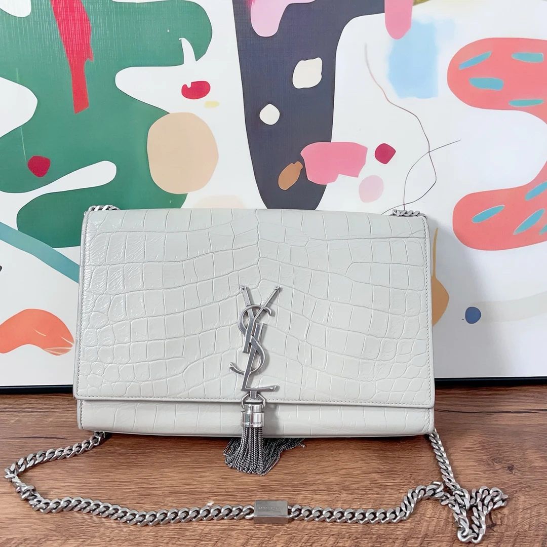 95新 YSL/圣罗兰 圣罗兰白色鳄鱼压纹链条包/ 901 6741