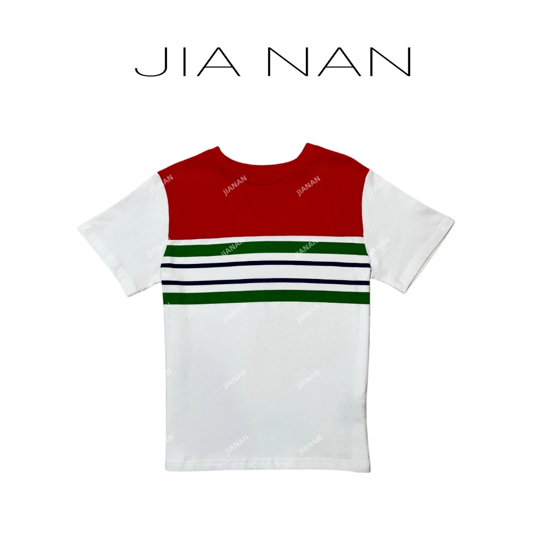 两色圆领拼色条纹短袖T恤6548