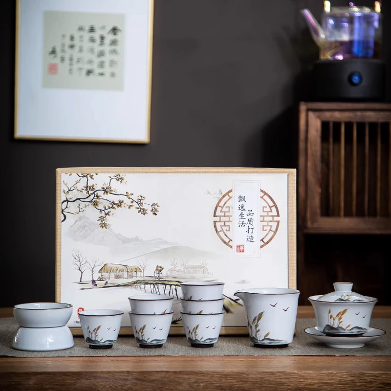 官窑芦苇套装家用高档礼盒装茶具瓷盖碗手工轻奢创意简约简约中式