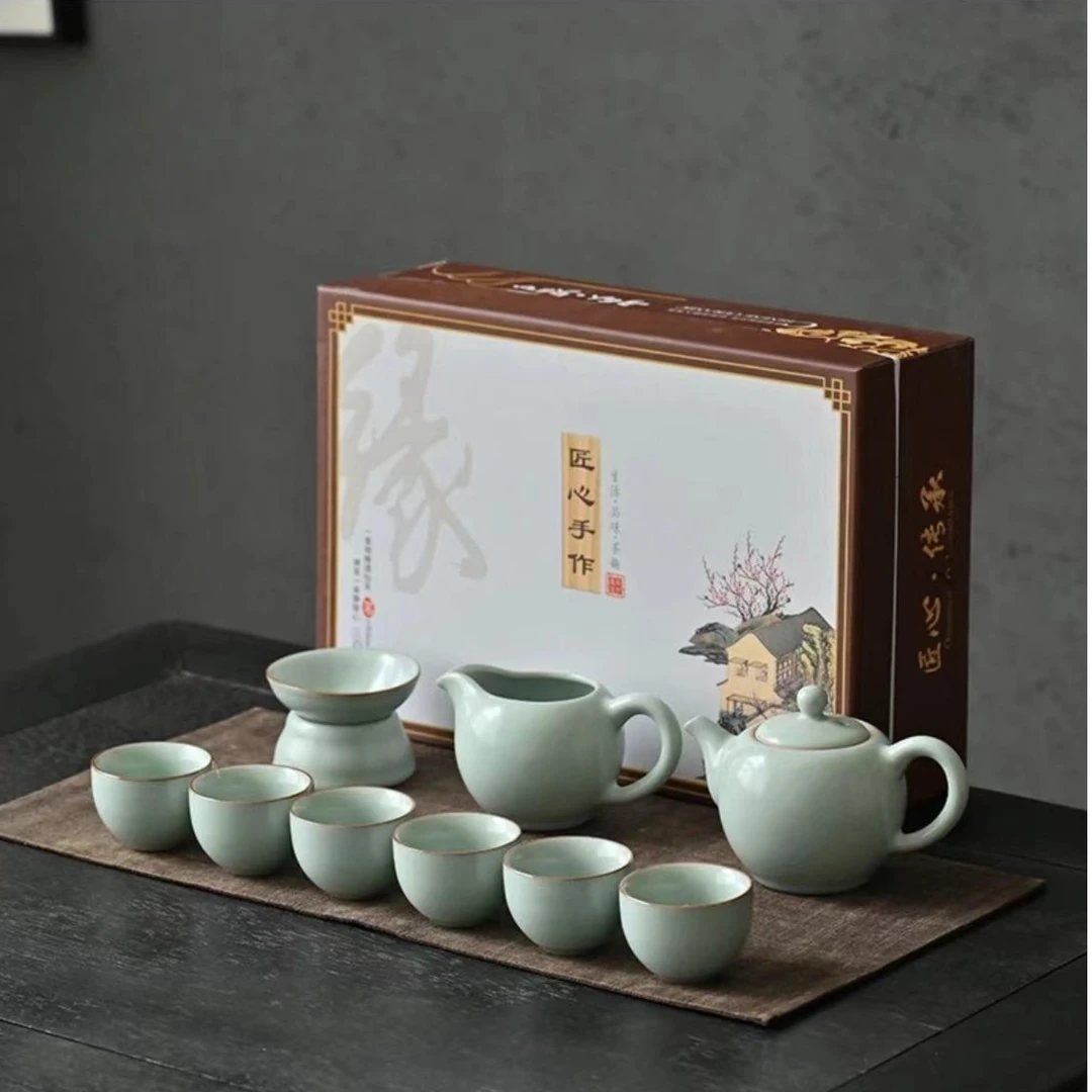 天青色汝窑开片可养线茶壶陶瓷礼盒装茶具家用青瓷中式天青釉创意