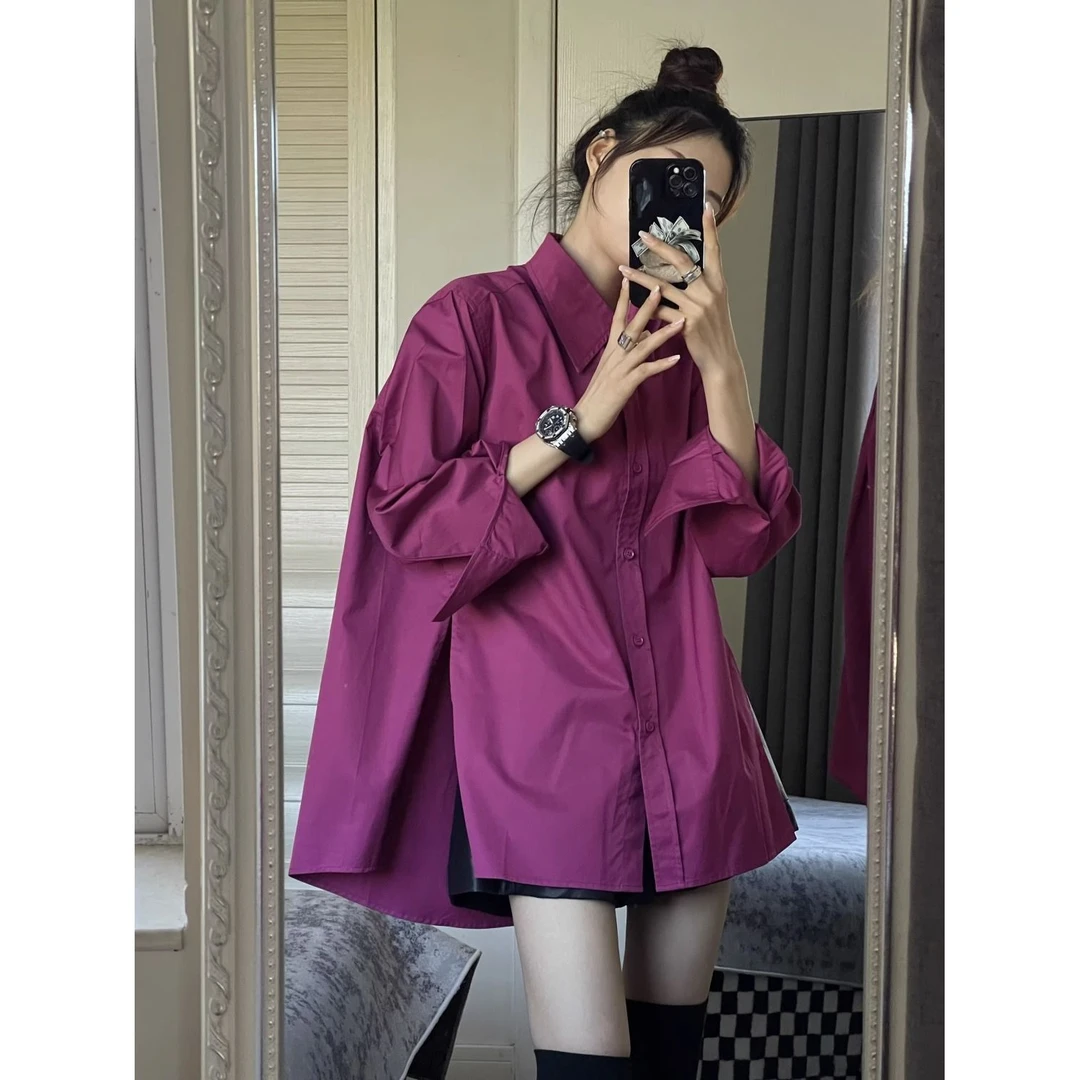 高级感玫红色休闲长袖衬衫女高级设计感叠穿小众中长款外套上衣女