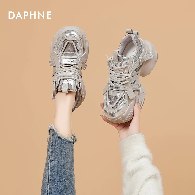Daphne/达芙妮2023新款秋冬真皮老爹鞋防滑厚底百搭增高时尚女鞋