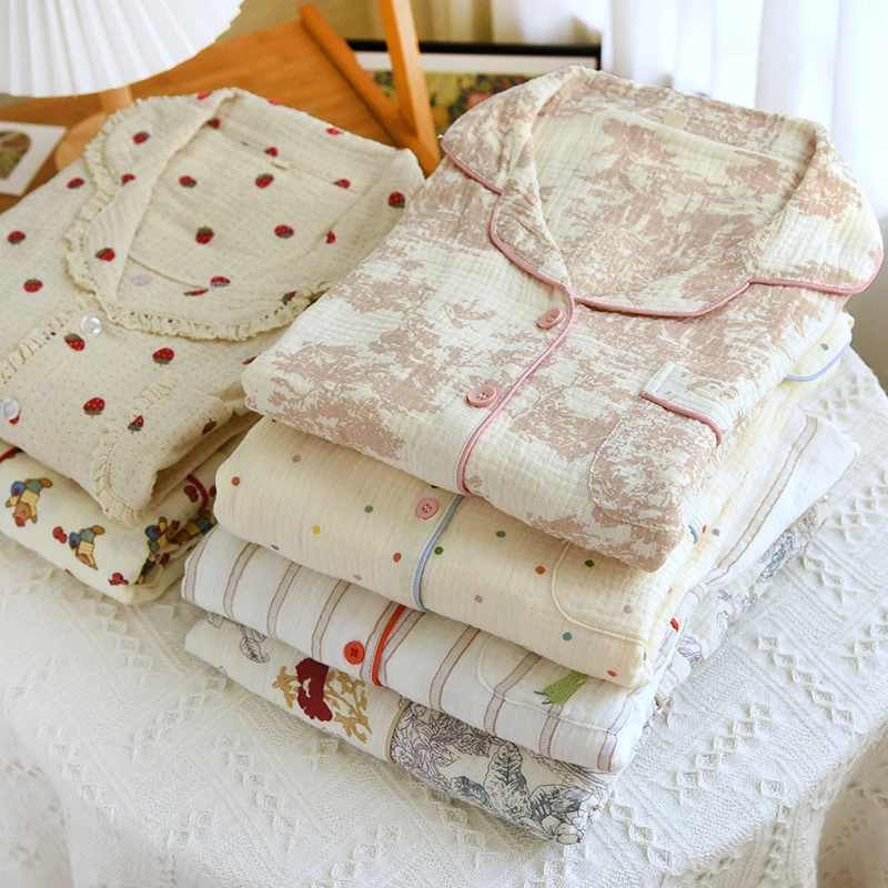 【A类棉纱】纯棉双层棉纱睡衣女大码泡泡纱家居服春秋季棉套装全类