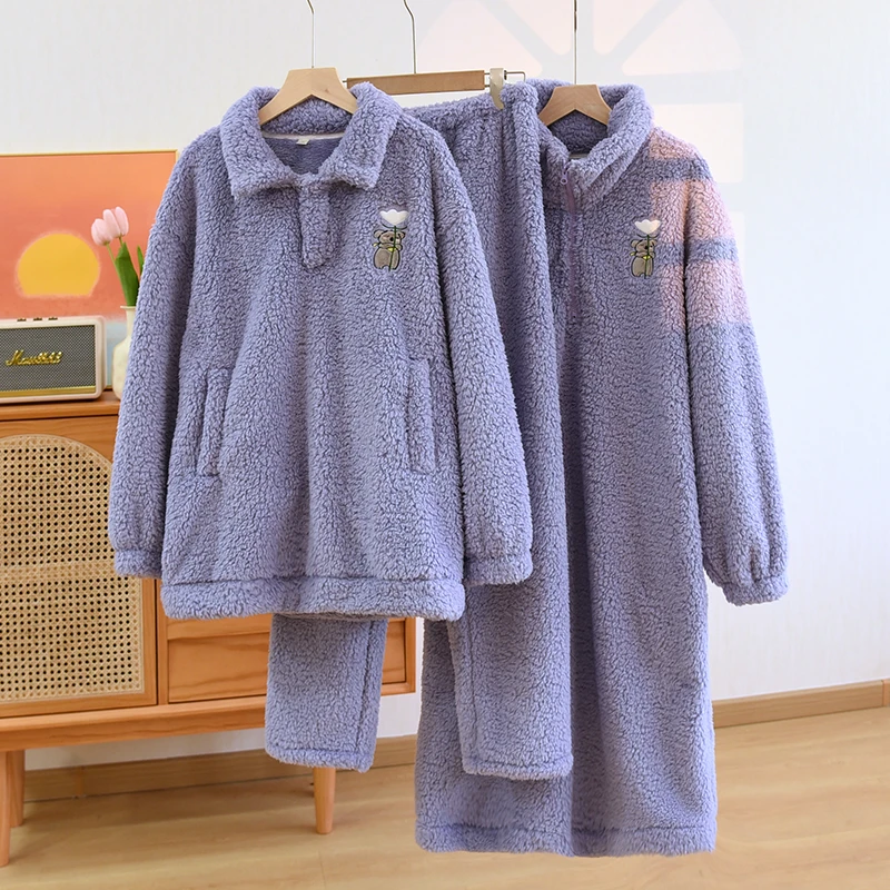 【轻奢系列】冬季法兰绒保暖加绒睡衣家居服套装毛绒家居服大码长袖