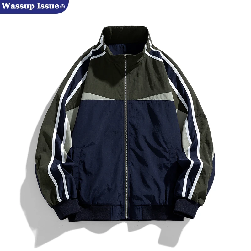 WASSUP ISSUE复古潮牌撞色拼接翻领夹克男女街头痞帅运动春秋外套