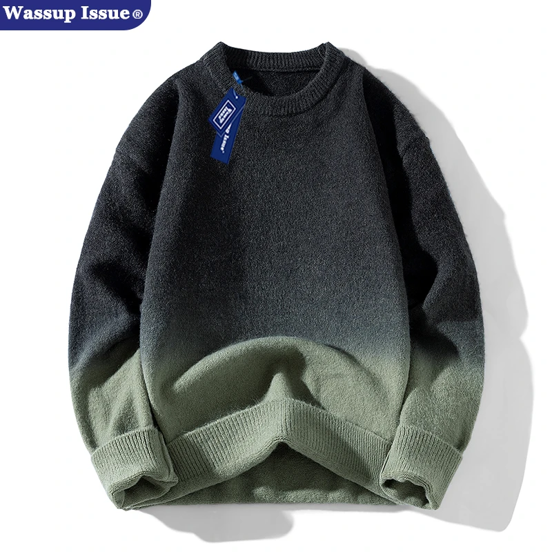 WASSUP ISSUE秋冬季渐变色圆领毛衣男士潮流宽松百搭休闲针织衫潮