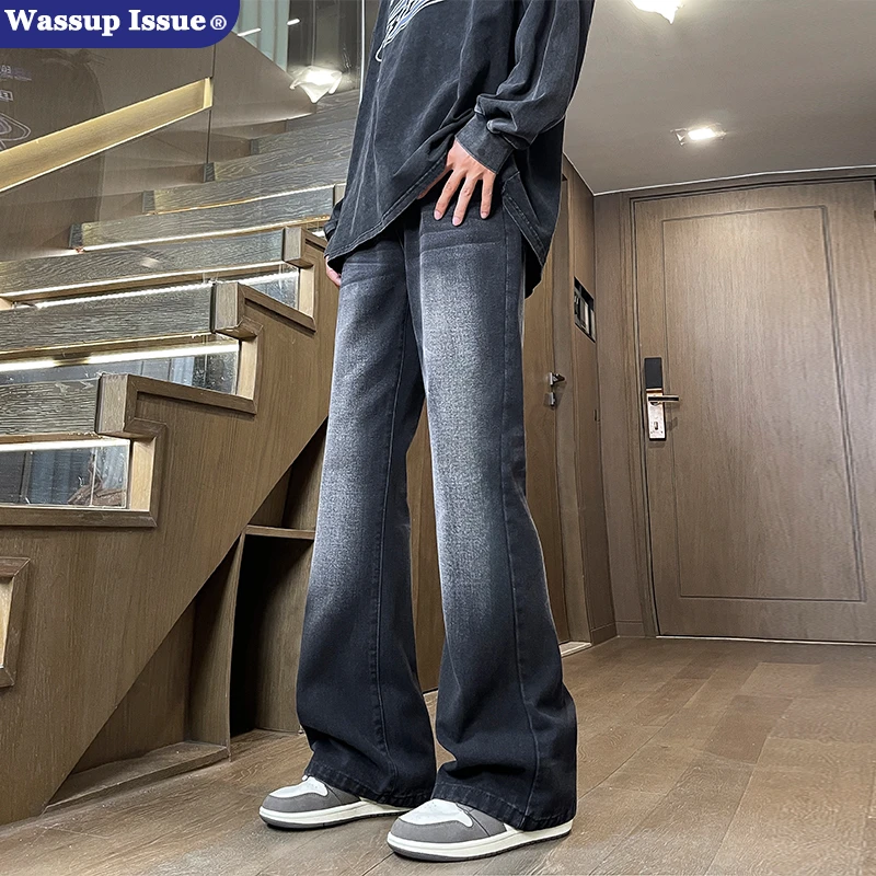 WASSUP ISSUE美式vibe做旧牛仔裤男款春秋黑灰色裤子宽松微喇长裤