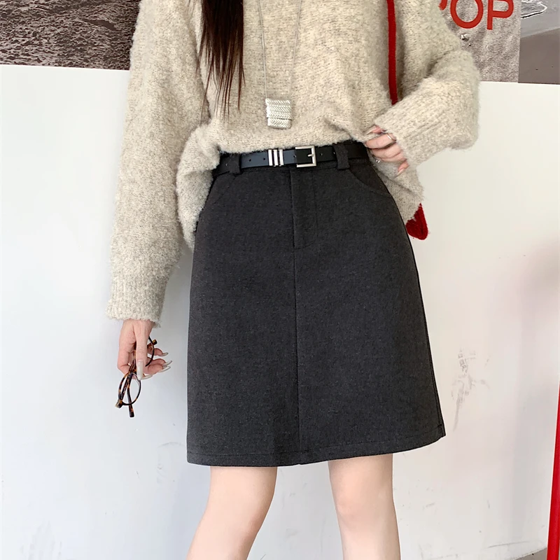 秋冬大码毛呢半身裙高腰显瘦A字中裙口袋设计短裙胖妹妹百搭精选