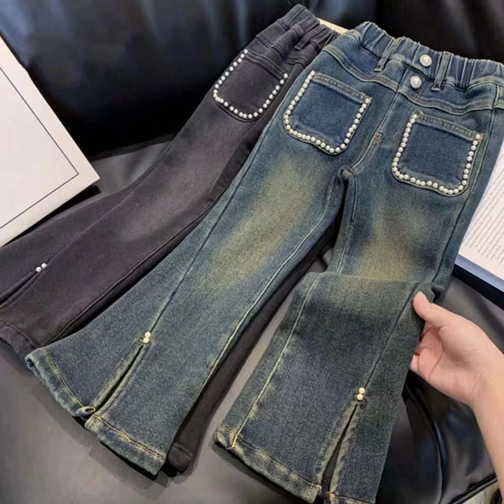 女童喇叭裤2023秋冬新款加绒韩版潮流洋气时髦超软修身牛仔裤儿童