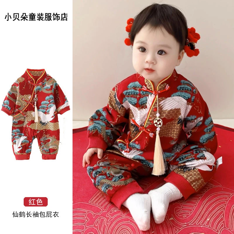 婴儿衣服小女孩公主冬季连体包屁宝宝红色周岁礼服哈裙婴儿包屁衣
