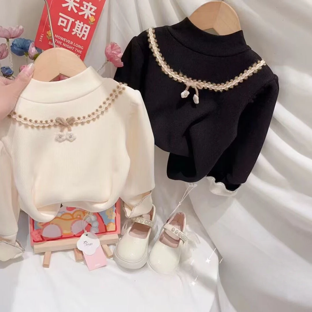 2023款女宝宝女童半高领绣花边加绒打底衫儿童