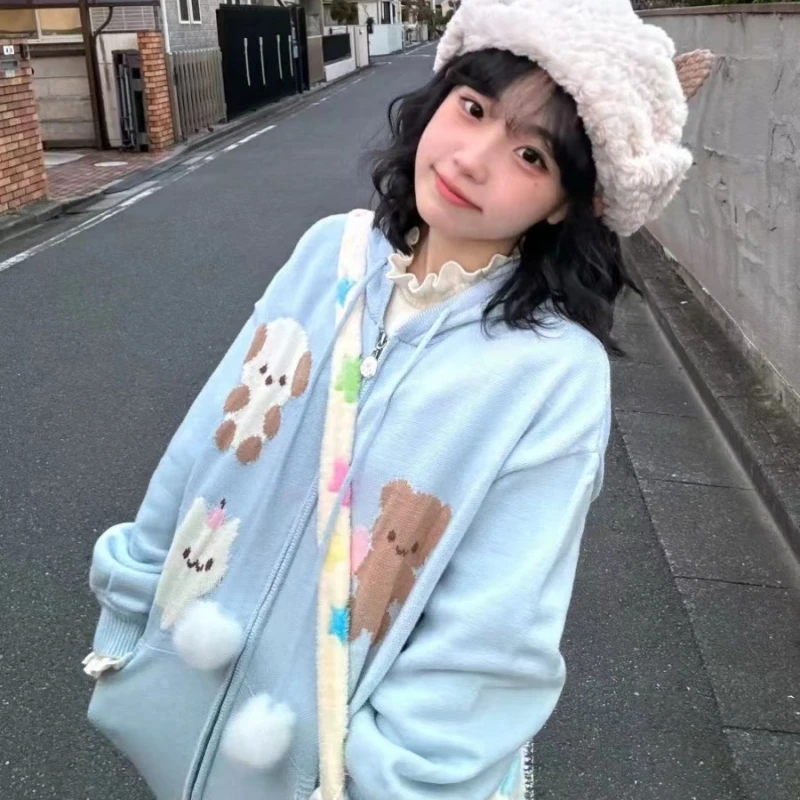 奶系可爱卡通提花连帽针织衫外套女2024秋冬多巴胺软糯毛衣开衫潮