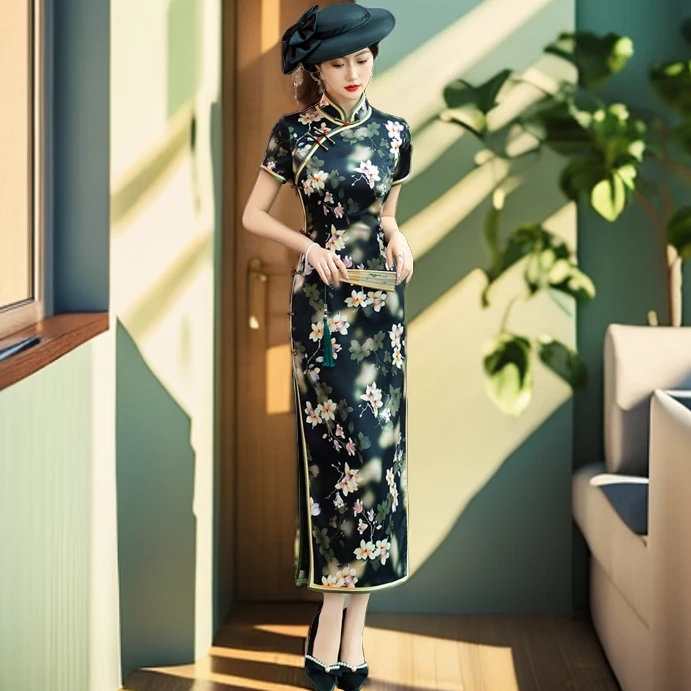 高端桑蚕丝旗袍2024新款夏日常复古改良新中式国风连衣裙气质长款