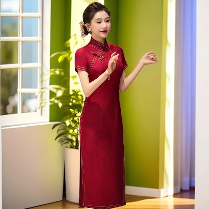 高端真丝旗袍喜婆婆婚宴礼服2024新款中式交织桑蚕丝喜妈妈连衣裙