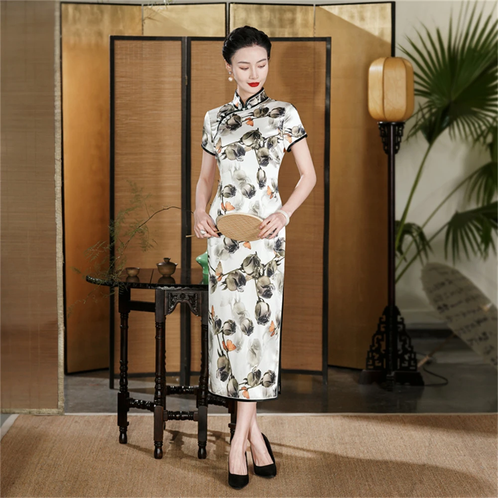 高端手工真丝旗袍2024新款夏日常中国风桑蚕丝旗袍连衣裙修身长款