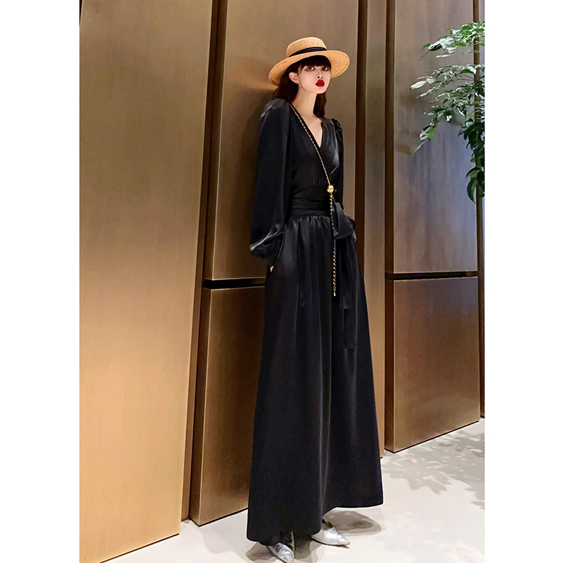 孤品捡漏断码清仓 法式气质V领长款及踝连衣裙高级感温柔长裙显瘦