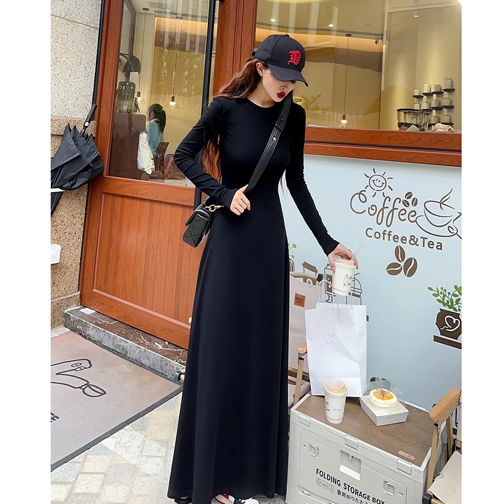 极简风长款及踝连衣裙秋冬百搭甜酷风显瘦黑色长裙连衣裙长裙
