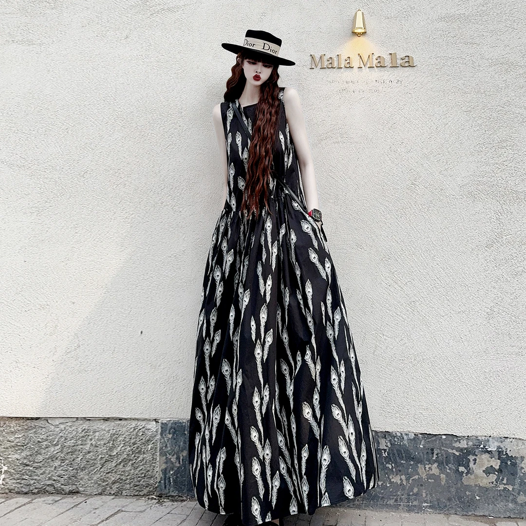 赫本风简约纯棉印花背心裙夏新款高腰宽松遮肚显瘦连衣裙甜酷长裙