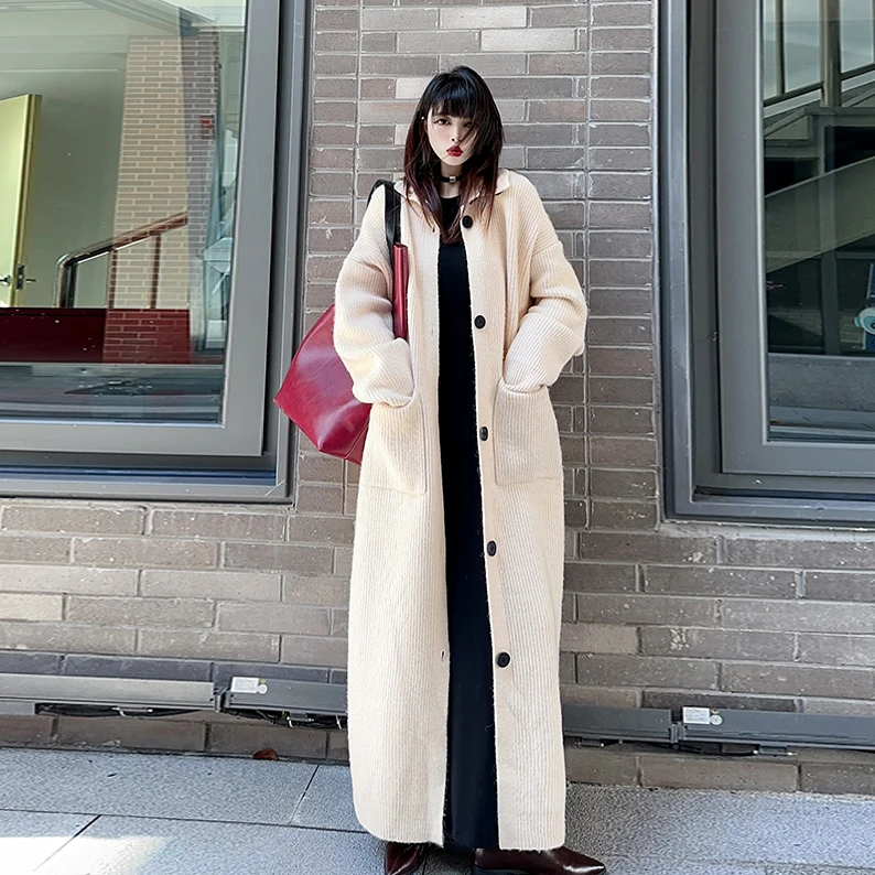 加厚重工秋冬新款高个子长款及踝粗针织毛衣开衫慵懒氛围感外套