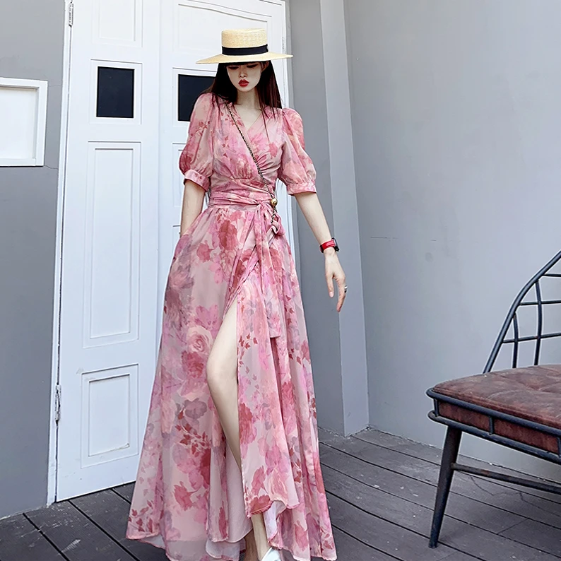 孤品捡漏清仓短袖很仙长款及踝连衣裙一片式交叉绑带温柔茶歇长裙