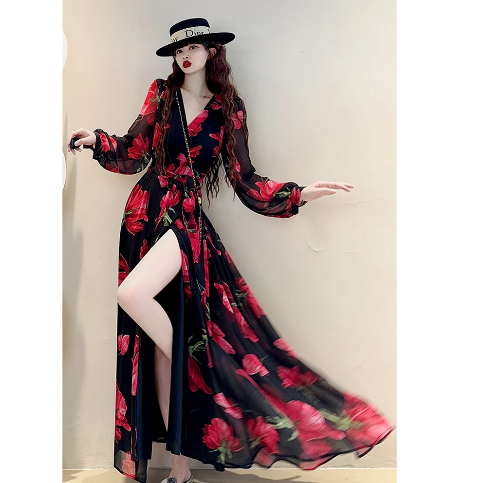 法式风情气质v领及踝茶歇裙一片式开衩收腰显瘦雪纺长款连衣裙仙