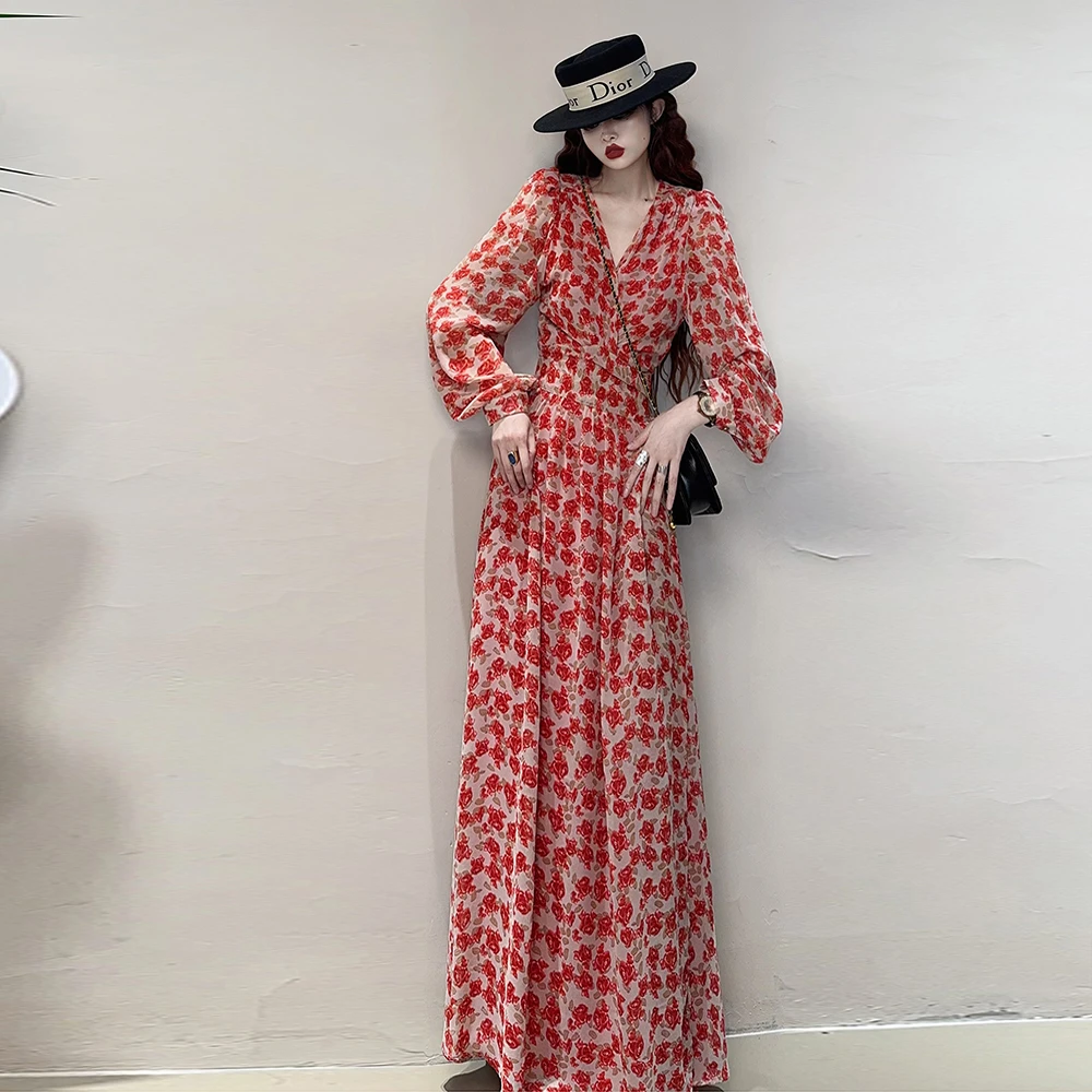 加长版高个子及踝法式v领碎花茶歇裙2024夏季新款收腰显瘦连衣裙