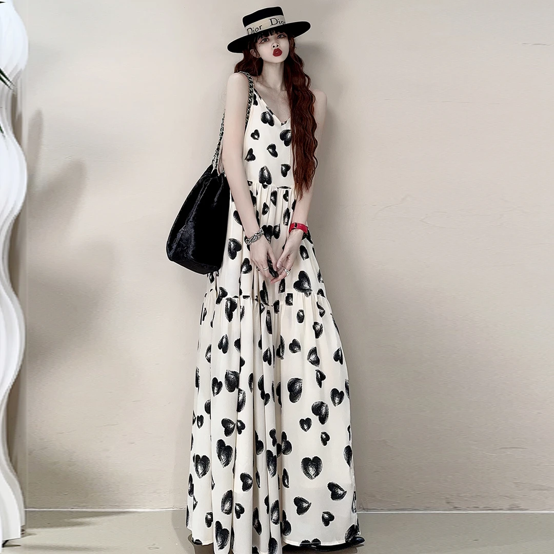 加长款及踝吊带连衣裙2024夏季新款宽松大摆度假风温柔气质感长裙
