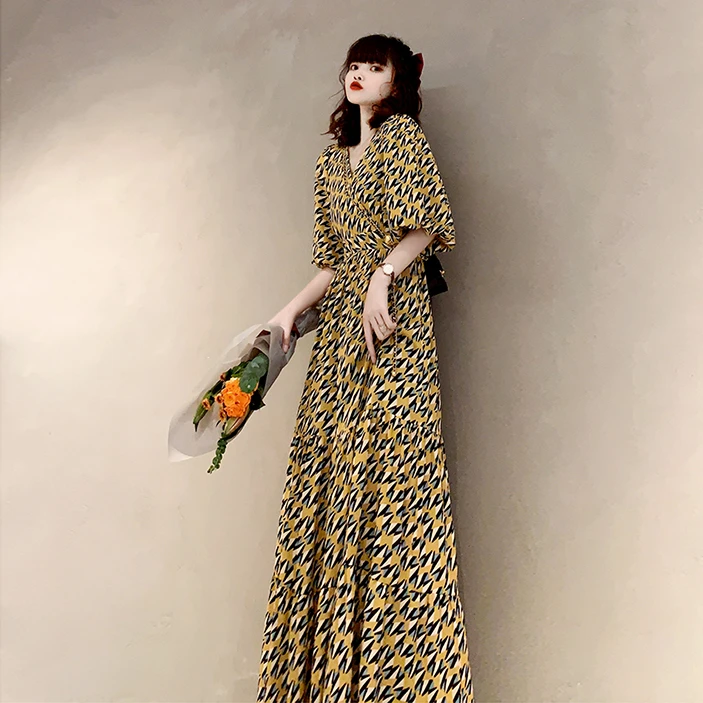 孤品断码捡漏！法式雪纺收腰显瘦长款大摆连衣裙v领气质夏季长裙